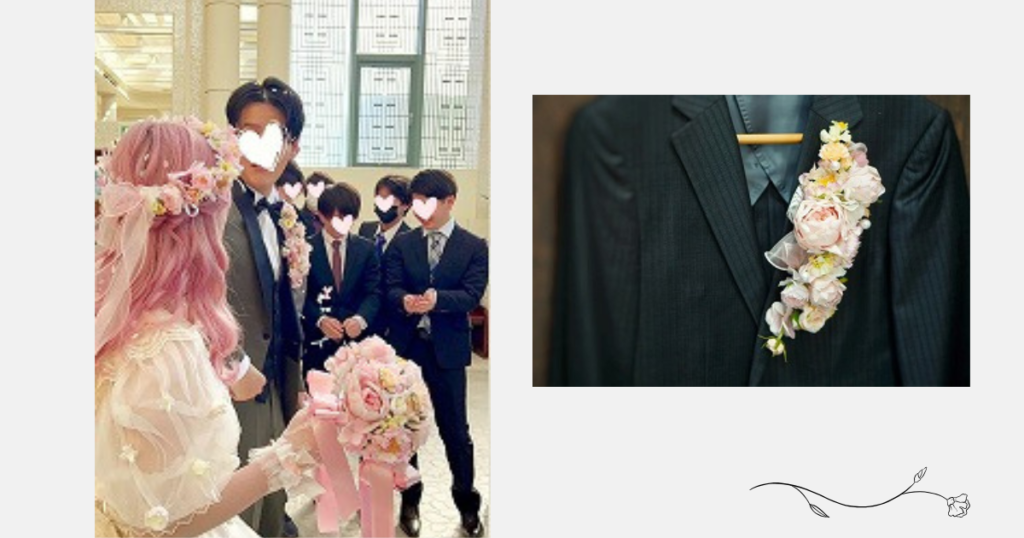 結婚式で花束を持った花嫁とブートニア