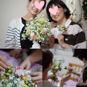 親子でウェディングブーケを作る様子